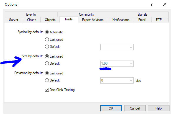 Set default volume lots MT4 or MT5