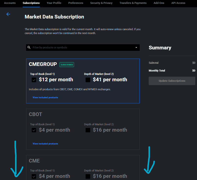 Eurex on Tradovate market data subscription for DAX